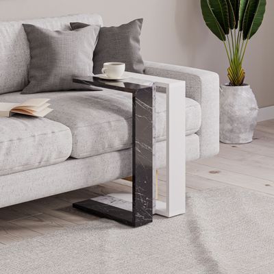 Mourah Muju C End Table - Black Marble/White Marble/White - 2 Years Warranty