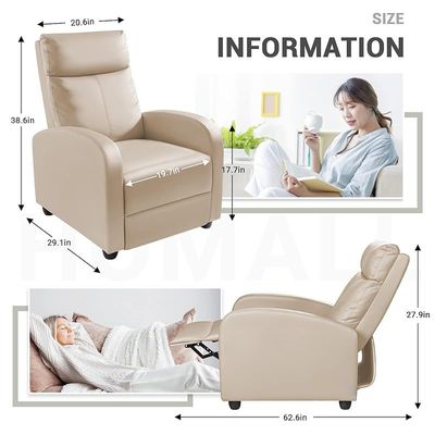 Mahmayi Adjustable Recliner Sofa Modern PU Leather, Single Reclining Chair Sofa, Theater Seating Beige for Home, Living Room