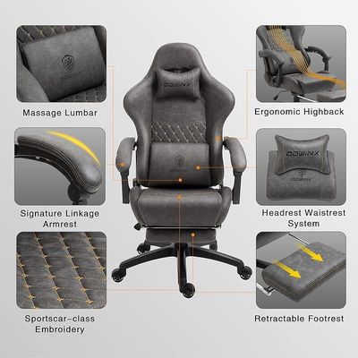 Dowinx Gaming Chair Office PC Chair with Massage Lumbar Support, Racing Style PU Leather High Back Adjustable Swivel Task Chair with Footrest (Grey)