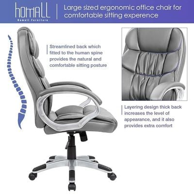 Height Adjustable Modern High Back Office Chair With Padded Armrests And Lumbar Support - Grey