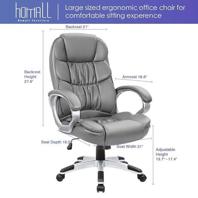 Height Adjustable Modern High Back Office Chair With Padded Armrests And Lumbar Support - Grey