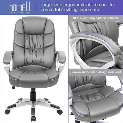 Height Adjustable Modern High Back Office Chair With Padded Armrests And Lumbar Support - Grey