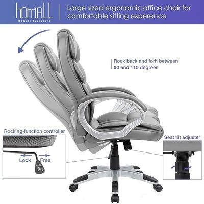 Height Adjustable Modern High Back Office Chair With Padded Armrests And Lumbar Support - Grey