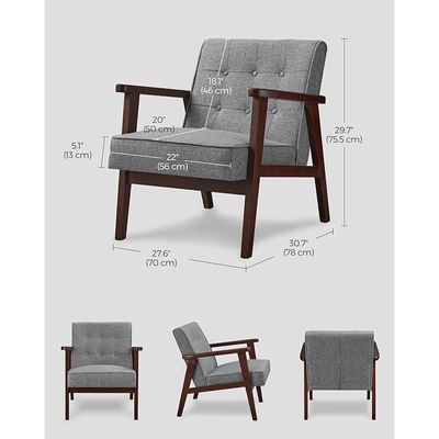 كرسي أريكة خشبي من Mahmayi Modern Lounge مع مساند للأذرع وأرجل من الخشب الصلب ومقعد واحد مبطن باللون الرمادي