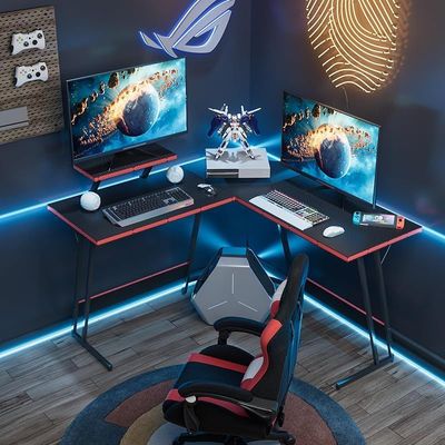 L-Shaped Gaming Desk Computer Corner Desk With Large Monitor Riser Stand - Black