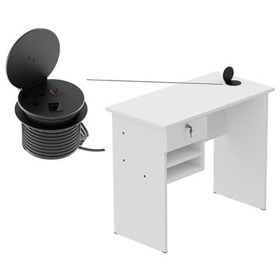 Solama MP1 9045 Office Desk with Paper Rack- White with 51-1H Round Desktop Power Module with USB Slot for Office Desk - Black