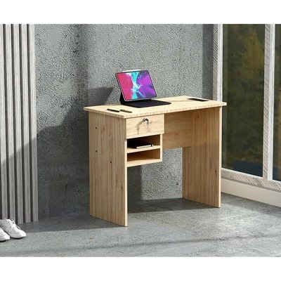Solama Functional Office Desk With 2 Paper Racks, Lockable Drawer With Desktop Socket And USB A/C Port - Oak