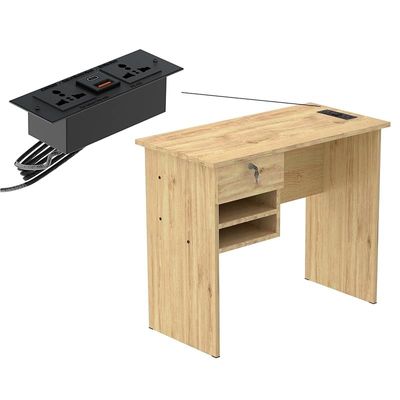 Solama Functional Office Desk With 2 Paper Racks, Lockable Drawer With Desktop Socket And USB A/C Port - Oak