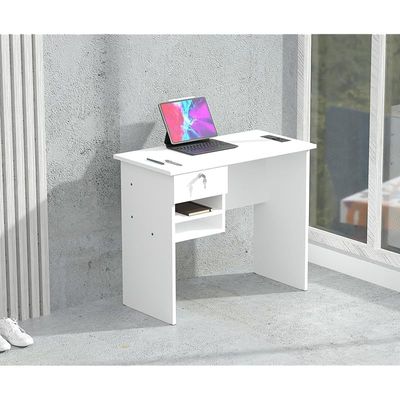Solama Functional Office Desk With 2 Paper Racks, Lockable Drawer With Desktop Socket And USB A/C Port - White