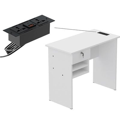 Solama Functional Office Desk With 2 Paper Racks, Lockable Drawer With Desktop Socket And USB A/C Port - White
