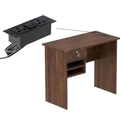 Solama Functional Office Desk With 2 Paper Racks, Lockable Drawer With Desktop Socket And USB A/C Port - Brown