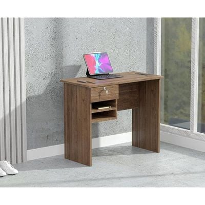 Solama Functional Office Desk With 2 Paper Racks, Lockable Drawer With Desktop Socket And USB A/C Port - Brown