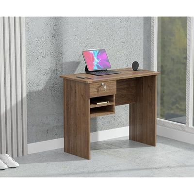 Solama Functional Office Desk With 2 Paper Racks, Lockable Drawer With Round Desktop Power Module - Brown