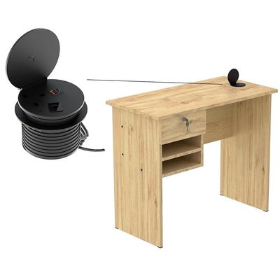 Solama Functional Office Desk With 2 Paper Racks, Lockable Drawer With Round Desktop Power Module - Oak