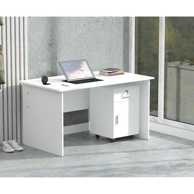 طاولة كتابة Mahmayi MP1 مقاس 160x80 باللون الأبيض مع أدراج ووحدة طاقة لسطح المكتب مستديرة باللون الأسود مقاس 51-1H تتميز بفتحة USB - مثالية لتنظيم المنزل أو المكتب وحلول الاتصال