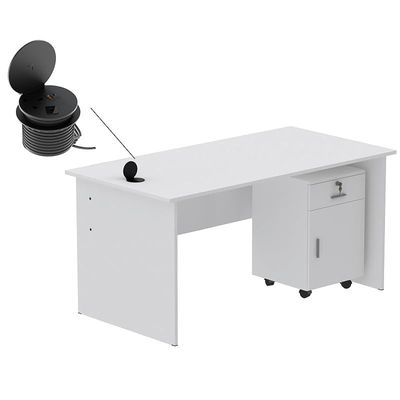 طاولة كتابة Mahmayi MP1 مقاس 160x80 باللون الأبيض مع أدراج ووحدة طاقة لسطح المكتب مستديرة باللون الأسود مقاس 51-1H تتميز بفتحة USB - مثالية لتنظيم المنزل أو المكتب وحلول الاتصال