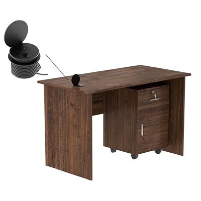 Mahmayi MP1 120x60 Brown Writing Table With Drawers and Black 51-1H Round Desktop Power Module Featuring USB Slot - Ideal for Home or Office Desk Organization and Connectivity Solutions