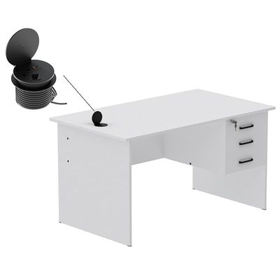 Modern Writing Study Table With Hanging Pedestal Attached And Round Desktop Power Module - White