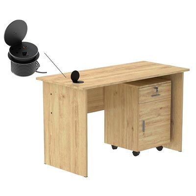 طاولة كتابة Mahmayi MP1 مقاس 120 × 60 من خشب البلوط مع أدراج ووحدة طاقة لسطح المكتب مستديرة باللون الأسود 51-1H تتميز بفتحة USB - مثالية لتنظيم المنزل أو المكتب وحلول الاتصال