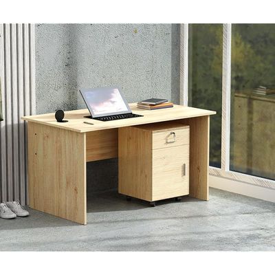 Mahmayi MP1 120x60 Oak Writing Table With Drawers and Black 51-1H Round Desktop Power Module Featuring USB Slot - Ideal for Home or Office Desk Organization and Connectivity Solutions