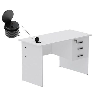 Solama Writing Table With Hanging Drawers And Round Desktop Power Module - White