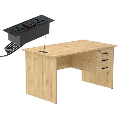 Writing Table With Hanging Pedestal Attached Desktop Socket With USB AC Port - Oak