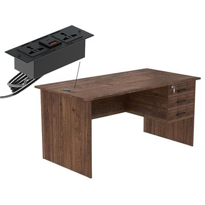 Writing Table With Hanging Pedestal Attached Desktop Socket With USB AC Port - Brown