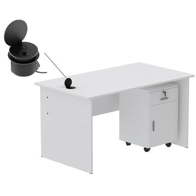 Mahmayi MP1 140x80 White Writing Table With Drawers and Black 51-1H Round Desktop Power Module Featuring USB Slot - Ideal for Home or Office Desk Organization and Connectivity Solutions