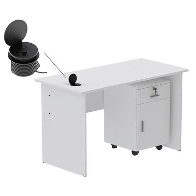 طاولة كتابة Mahmayi MP1 مقاس 120x60 باللون الأبيض مع أدراج ووحدة طاقة لسطح المكتب مستديرة باللون الأسود مقاس 51-1H تتميز بفتحة USB - مثالية لتنظيم المنزل أو المكتب وحلول الاتصال