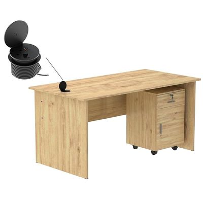 طاولة كتابة Mahmayi MP1 مقاس 160 × 80 من خشب البلوط مع أدراج ووحدة طاقة لسطح المكتب مستديرة باللون الأسود 51-1H تتميز بفتحة USB - مثالية لتنظيم المنزل أو المكتب وحلول الاتصال