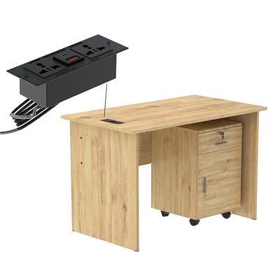 Mahmayi MP1 100x60 Oak Writing Table With Drawers and Black BS01 Desktop Socket Featuring USB AC Port - Ideal for Home or Office Desk Organization and Connectivity Solutions