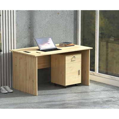 Mahmayi MP1 100x60 Oak Writing Table With Drawers and Black BS01 Desktop Socket Featuring USB AC Port - Ideal for Home or Office Desk Organization and Connectivity Solutions