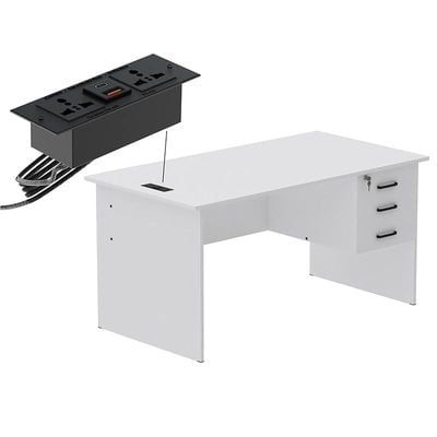 Writing Table With Hanging Pedestal Attached Desktop Socket With USB AC Port - White