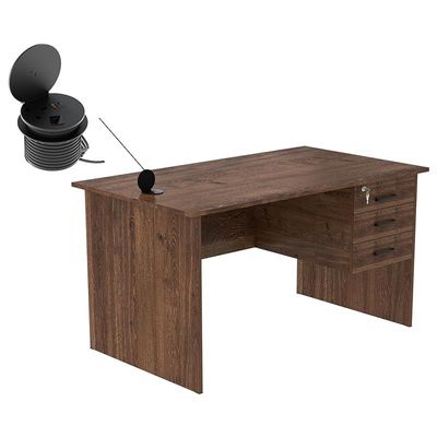 Modern Writing Study Table With Hanging Pedestal Attached And Round Desktop Power Module - Brown
