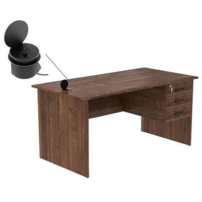 Modern Writing Study Table With Hanging Pedestal Attached And Round Desktop Power Module - Brown