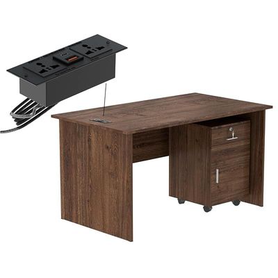 Mahmayi MP1 140x80 Brown Writing Table With Drawers and Black BS01 Desktop Socket Featuring USB AC Port - Ideal for Home or Office Desk Organization and Connectivity Solutions