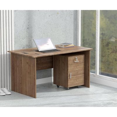Mahmayi MP1 140x80 Brown Writing Table With Drawers and Black BS01 Desktop Socket Featuring USB AC Port - Ideal for Home or Office Desk Organization and Connectivity Solutions