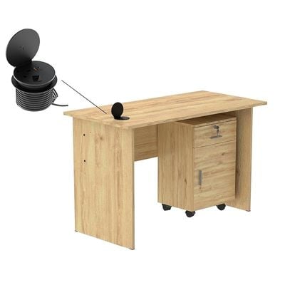 Mahmayi MP1 100x60 Oak Writing Table With Drawers and Black 51-1H Round Desktop Power Module Featuring USB Slot - Ideal for Home or Office Desk Organization and Connectivity Solutions