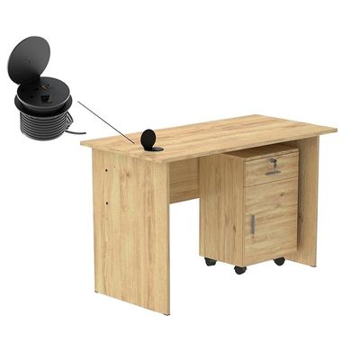 طاولة كتابة Mahmayi MP1 مقاس 100x60 من خشب البلوط مع أدراج ووحدة طاقة سطح مكتب مستديرة سوداء 51-1H تتميز بفتحة USB - مثالية لتنظيم المنزل أو المكتب وحلول الاتصال