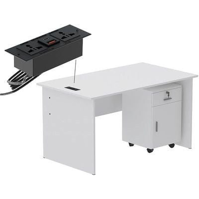 طاولة كتابة Mahmayi MP1 مقاس 140x80 باللون الأبيض مع أدراج ومقبس سطح مكتب أسود BS01 يتميز بمنفذ USB AC - مثالي لتنظيم المنزل أو المكتب وحلول الاتصال