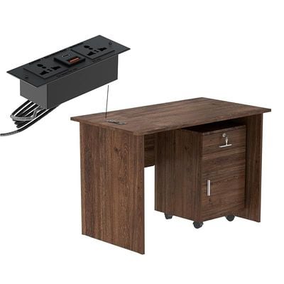 Mahmayi MP1 100x60 Brown Writing Table With Drawers and Black BS01 Desktop Socket Featuring USB AC Port - Ideal for Home or Office Desk Organization and Connectivity Solutions