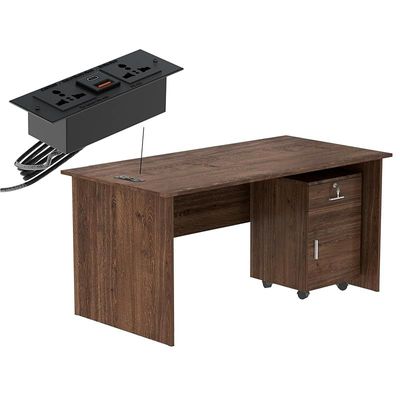 Mahmayi MP1 160x80 Brown Writing Table With Drawers and Black BS01 Desktop Socket Featuring USB AC Port - Ideal for Home or Office Desk Organization and Connectivity Solutions