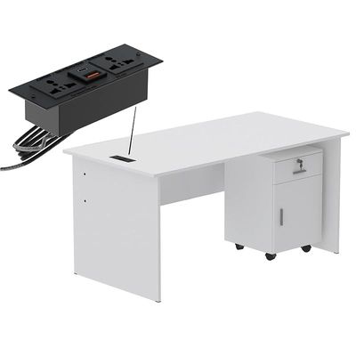 طاولة كتابة Mahmayi MP1 مقاس 160 × 80 باللون الأبيض مع أدراج ومقبس سطح مكتب أسود BS01 يتميز بمنفذ USB AC - مثالي لتنظيم المنزل أو المكتب وحلول الاتصال