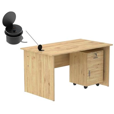 طاولة كتابة Mahmayi MP1 مقاس 140x80 من خشب البلوط مع أدراج ووحدة طاقة لسطح المكتب مستديرة باللون الأسود 51-1H تتميز بفتحة USB - مثالية لتنظيم المنزل أو المكتب وحلول الاتصال