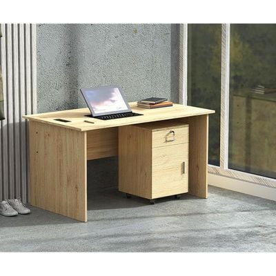 طاولة كتابة Mahmayi MP1 مقاس 160x80 من خشب البلوط مع أدراج ومقبس سطح مكتب أسود BS01 يتميز بمنفذ USB AC - مثالي لتنظيم المنزل أو المكتب وحلول الاتصال
