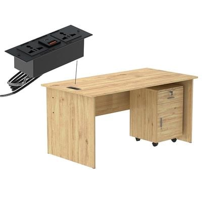 Mahmayi MP1 160x80 Oak Writing Table With Drawers and Black BS01 Desktop Socket Featuring USB AC Port - Ideal for Home or Office Desk Organization and Connectivity Solutions