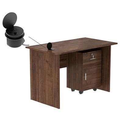 Mahmayi MP1 100x60 Brown Writing Table With Drawers and Black 51-1H Round Desktop Power Module Featuring USB Slot - Ideal for Home or Office Desk Organization and Connectivity Solutions