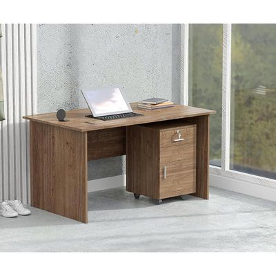 Mahmayi MP1 100x60 Brown Writing Table With Drawers and Black 51-1H Round Desktop Power Module Featuring USB Slot - Ideal for Home or Office Desk Organization and Connectivity Solutions