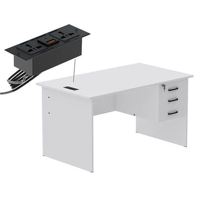 Writing Table With Hanging Pedestal Attached Desktop Socket With USB AC Port - White