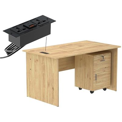 Mahmayi MP1 140x80 Oak Writing Table With Drawers and Black BS01 Desktop Socket Featuring USB AC Port - Ideal for Home or Office Desk Organization and Connectivity Solutions